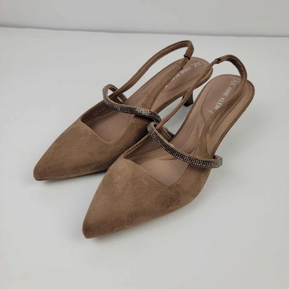 AK Anne Klein Akiliana Taupe Brown Rhinestone Slingback Kitten Heels 7.5M